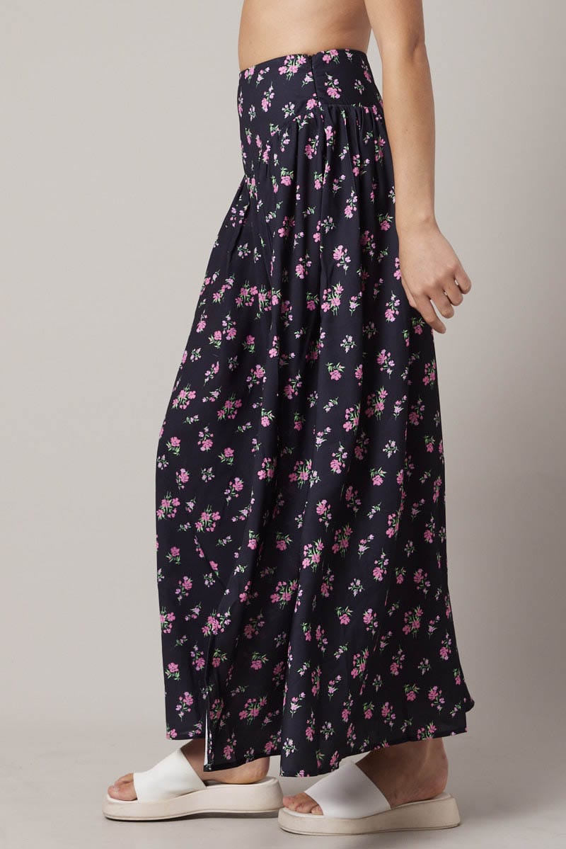 Black Floral Maxi Skirt Bouquet Ditsy Side Split