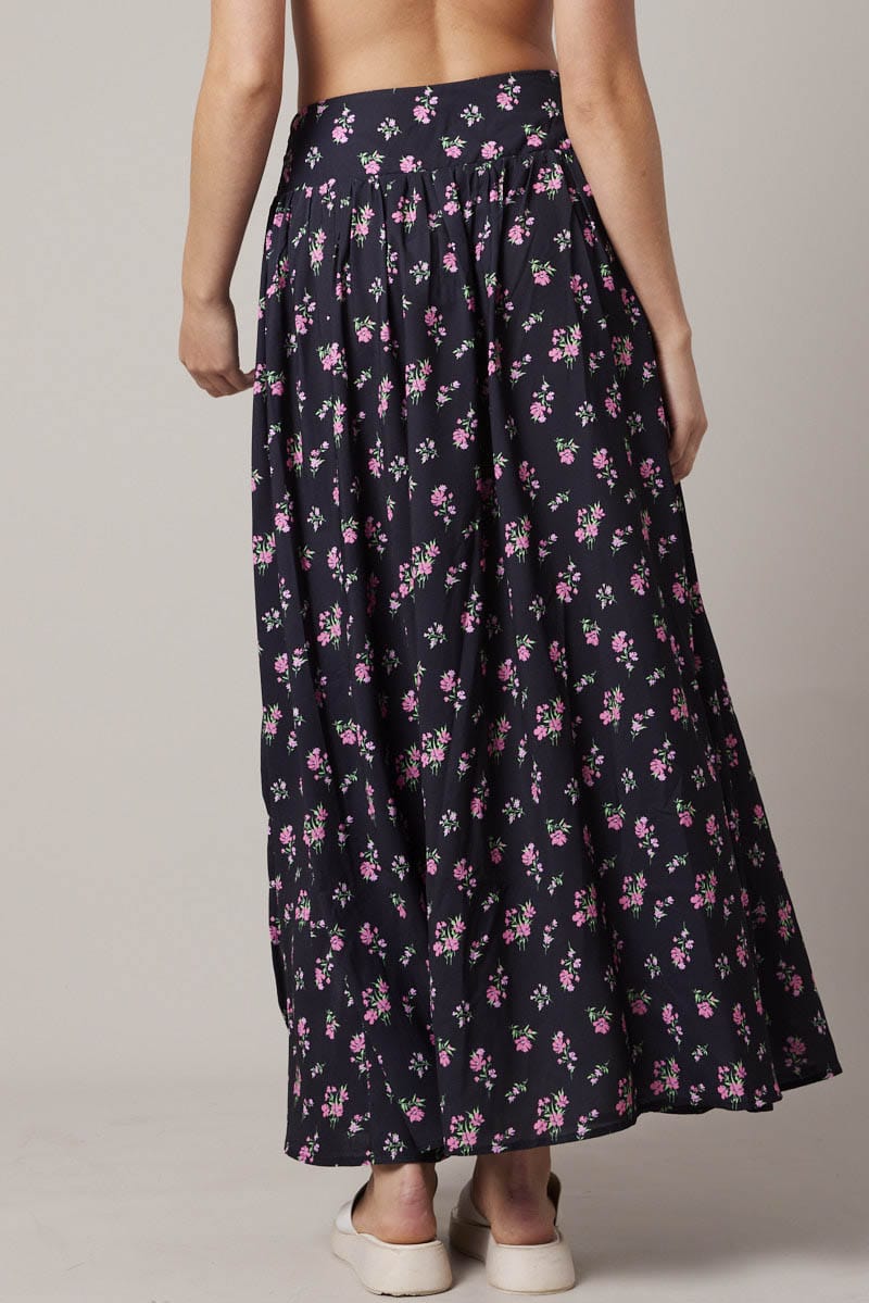 Black Floral Maxi Skirt Bouquet Ditsy Side Split