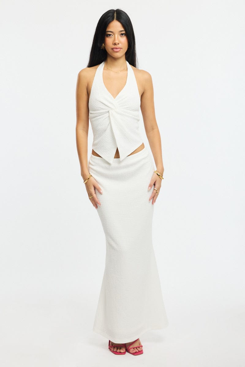 White Maxi Skirt Elasticated Waist Textured Half Lined