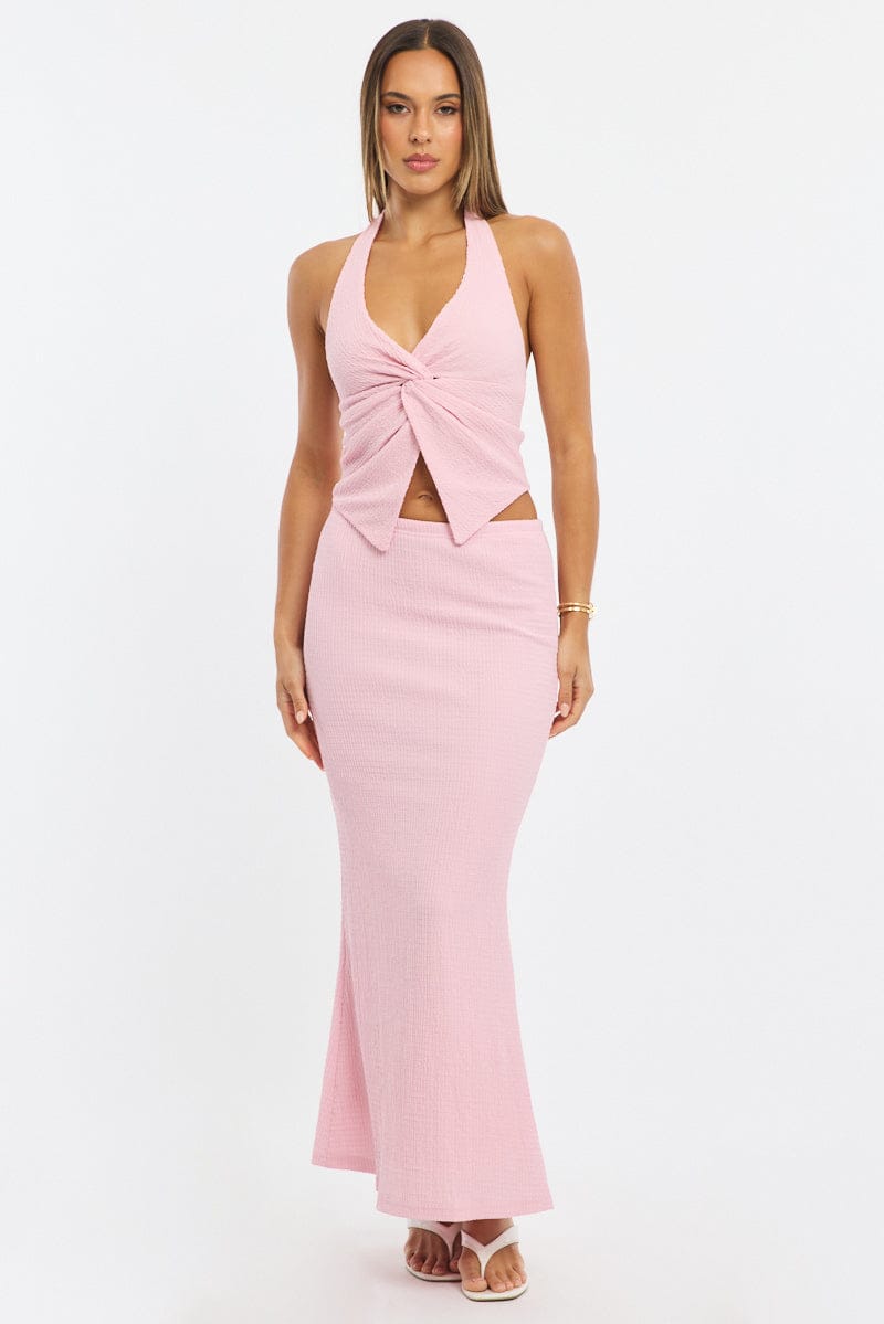 Pink Maxi Skirt Elasticated Waist Textured Half Lined