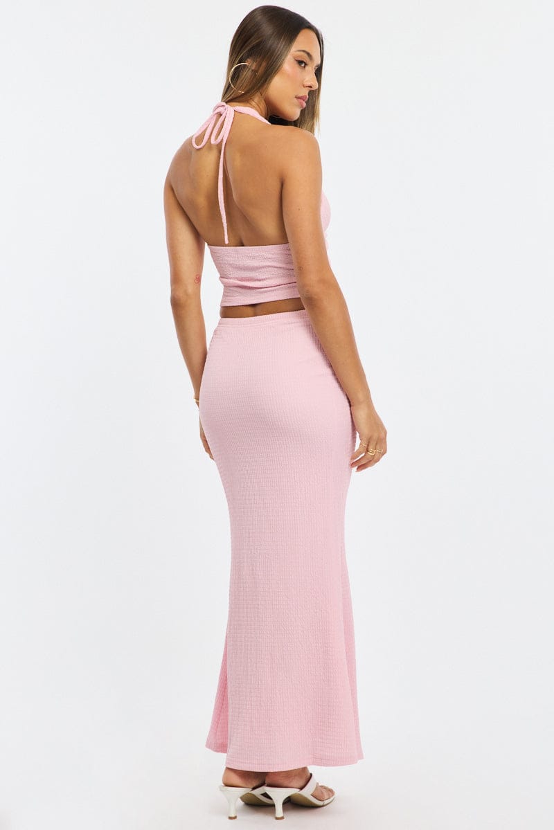 Pink Maxi Skirt Elasticated Waist Textured Half Lined