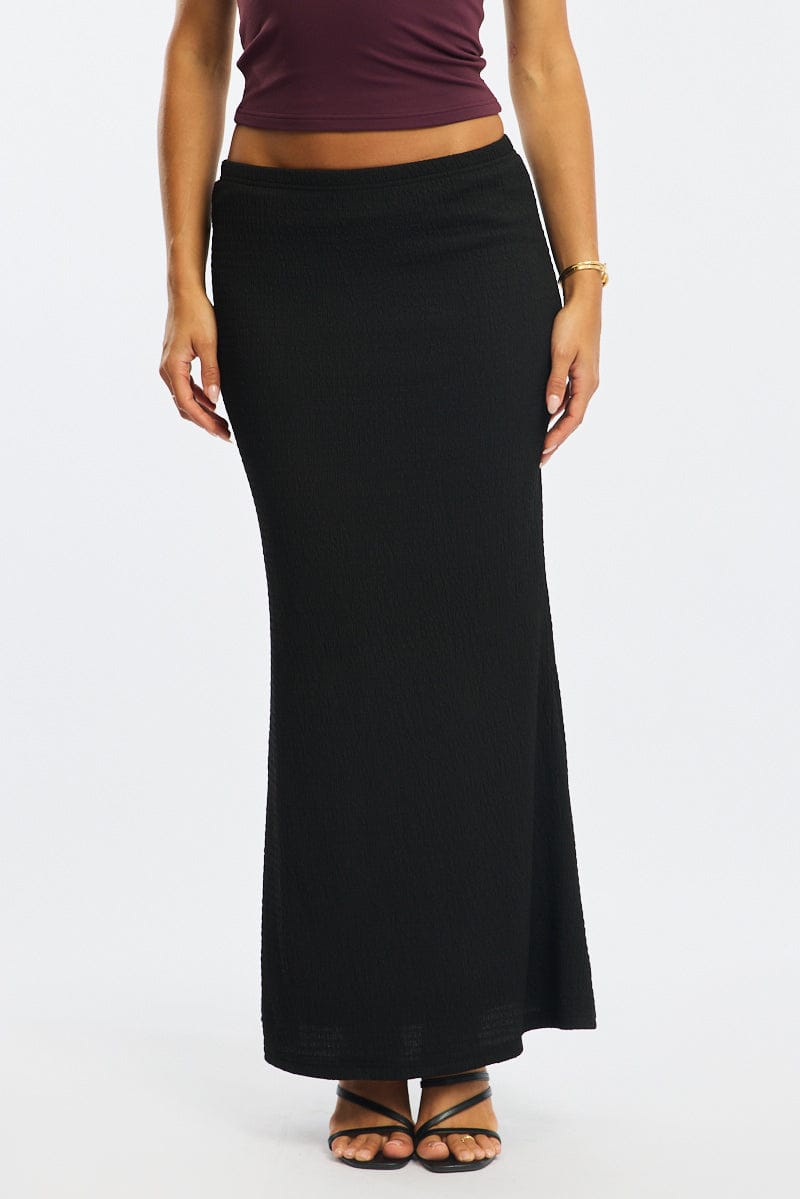Black Maxi Skirt Elasticated Waist Textured Half Lined