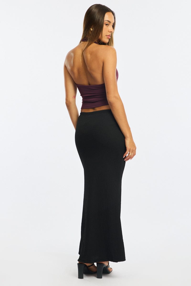Black Maxi Skirt Elasticated Waist Textured Half Lined