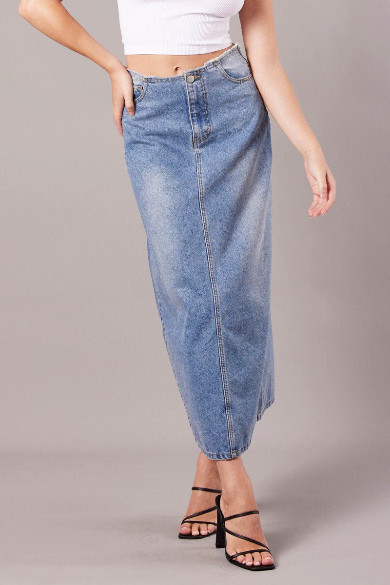 Denim Maxi Skirt High Rise A-Line Raw Edge