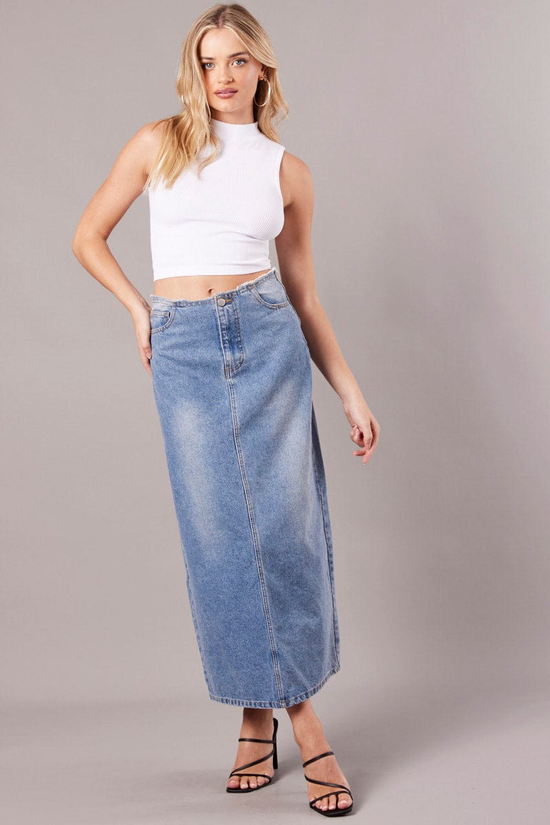 Denim Maxi Skirt High Rise A-Line Raw Edge