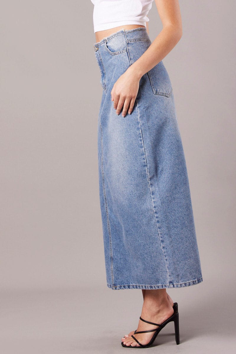Denim Maxi Skirt High Rise A-Line Raw Edge