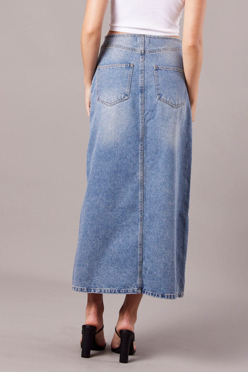 Denim Maxi Skirt High Rise A-Line Raw Edge