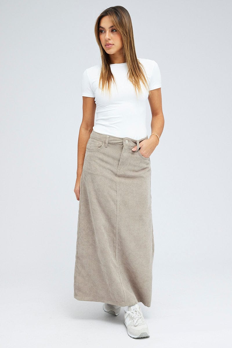 Grey Maxi Skirt High Rise A-Line Corduroy