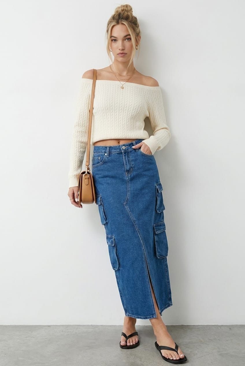 Denim Cargo Skirt Mid Rise Maxi Utility Pocket