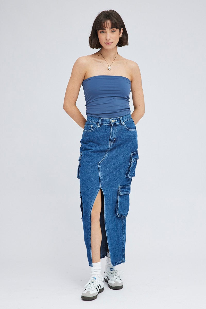 Denim Cargo Skirt Mid Rise Maxi Utility Pocket