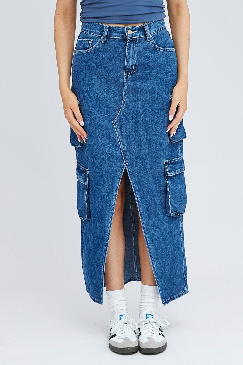 Denim Cargo Skirt Mid Rise Maxi Utility Pocket
