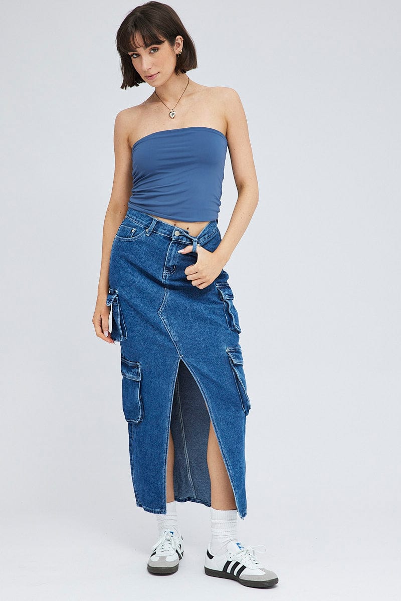 Denim Cargo Skirt Mid Rise Maxi Utility Pocket