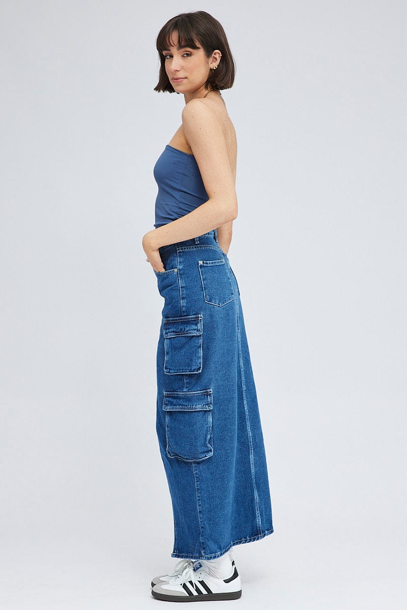 Denim Cargo Skirt Mid Rise Maxi Utility Pocket