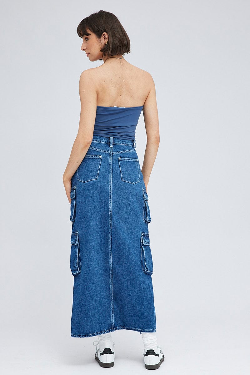 Denim Cargo Skirt Mid Rise Maxi Utility Pocket