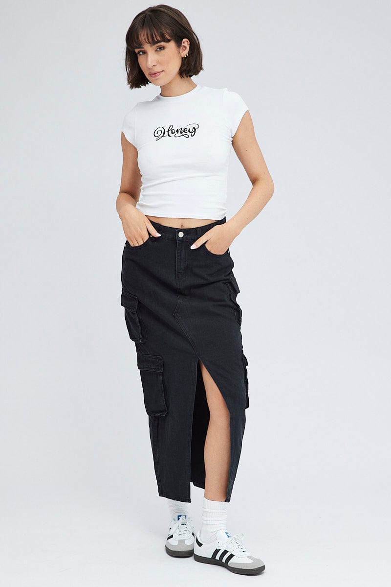 Black Cargo Skirt Mid Rise Maxi Utility Pocket
