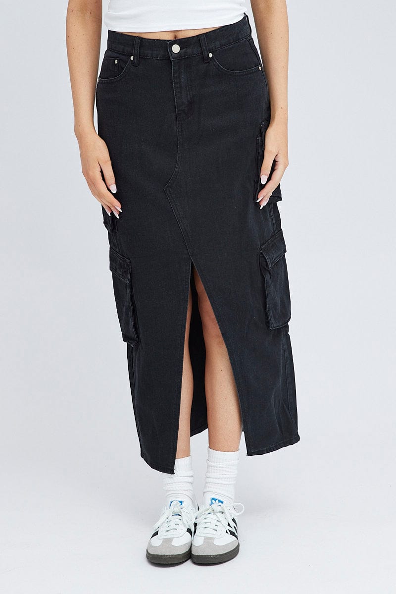 Black Cargo Skirt Mid Rise Maxi Utility Pocket