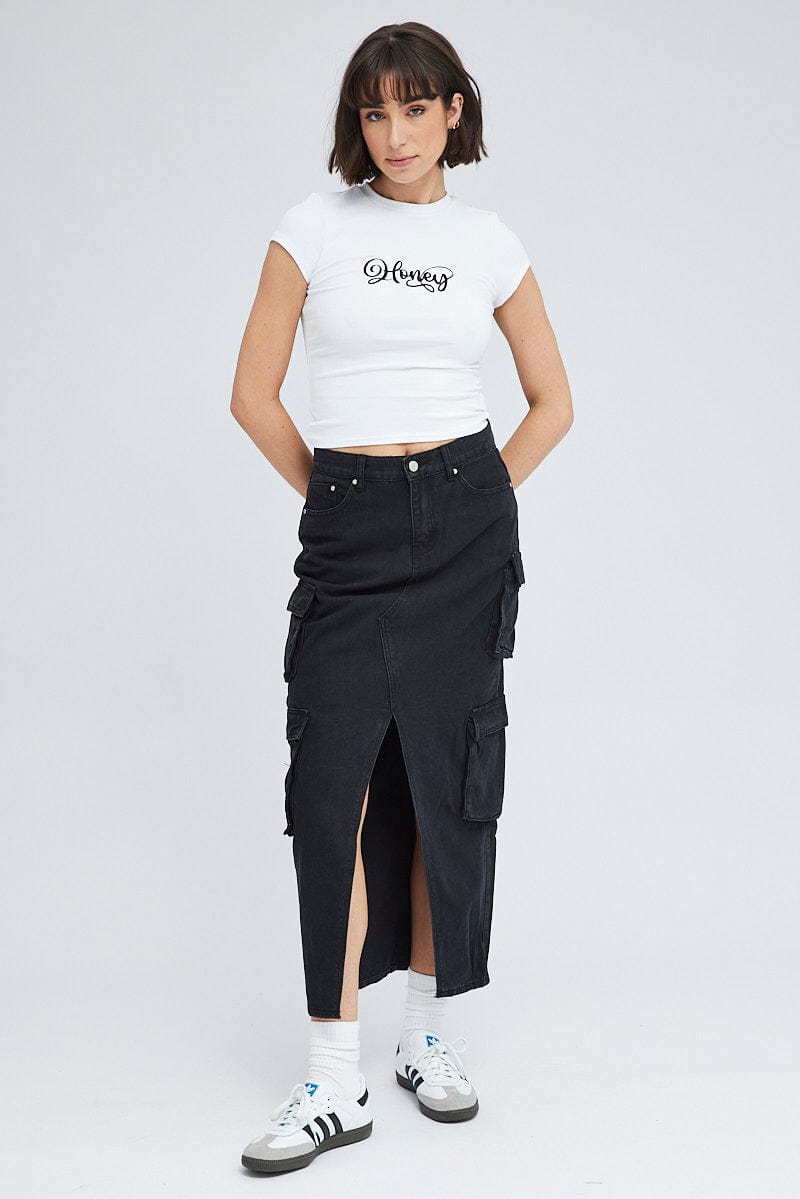 Black Cargo Skirt Mid Rise Maxi Utility Pocket