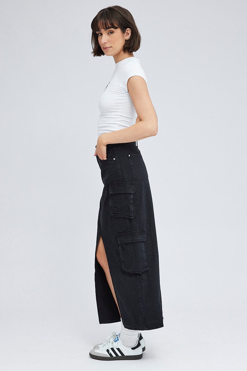 Black Cargo Skirt Mid Rise Maxi Utility Pocket