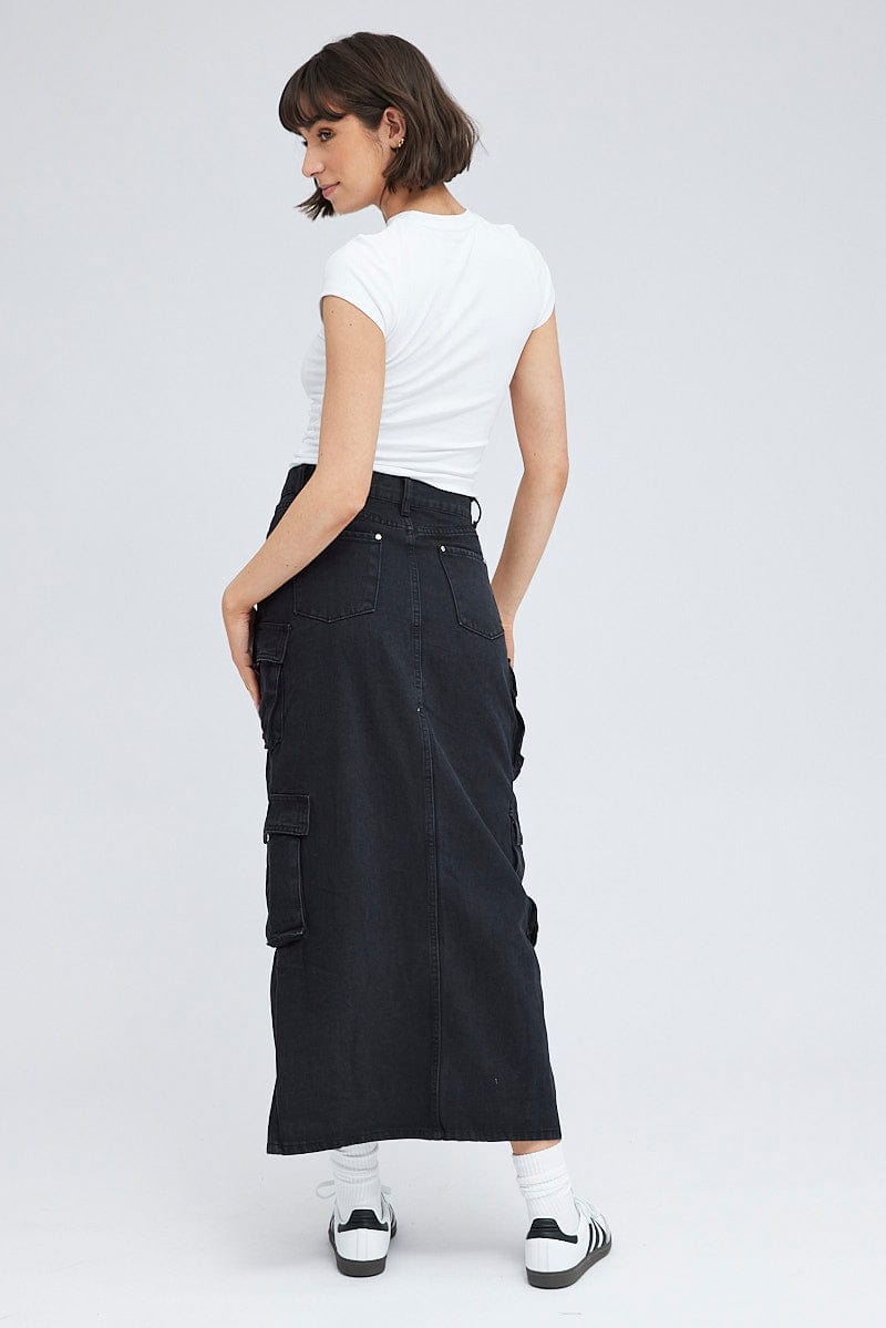 Black Cargo Skirt Mid Rise Maxi Utility Pocket