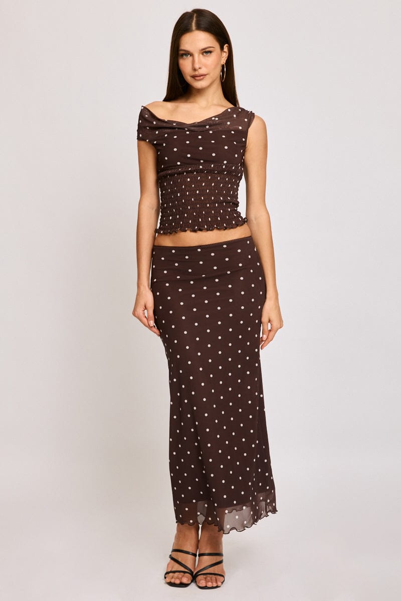 Brown Polka Dot Mesh Skirt Elasticated Picot Trim