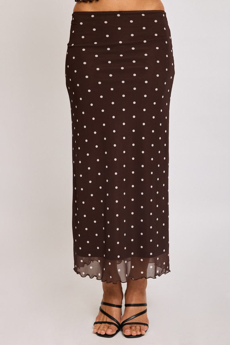 Brown Polka Dot Mesh Skirt Elasticated Picot Trim