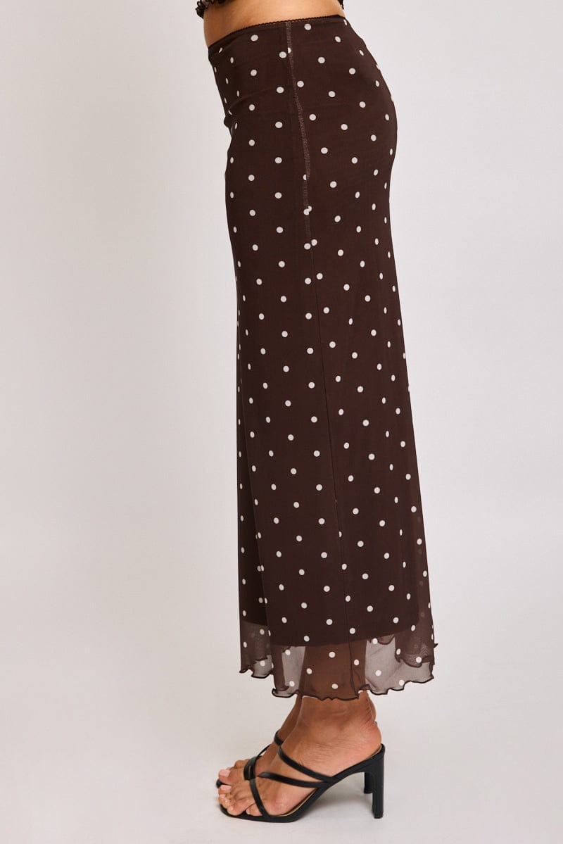 Brown Polka Dot Mesh Skirt Elasticated Picot Trim