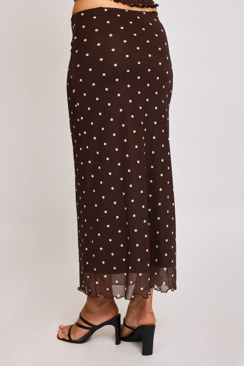 Brown Polka Dot Mesh Skirt Elasticated Picot Trim