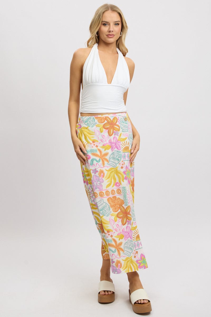 White Abstract Wrap Skirt High Waisted Midaxi