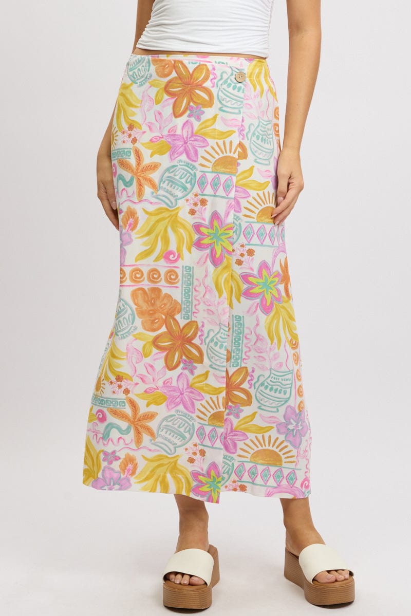 White Abstract Wrap Skirt High Waisted Midaxi
