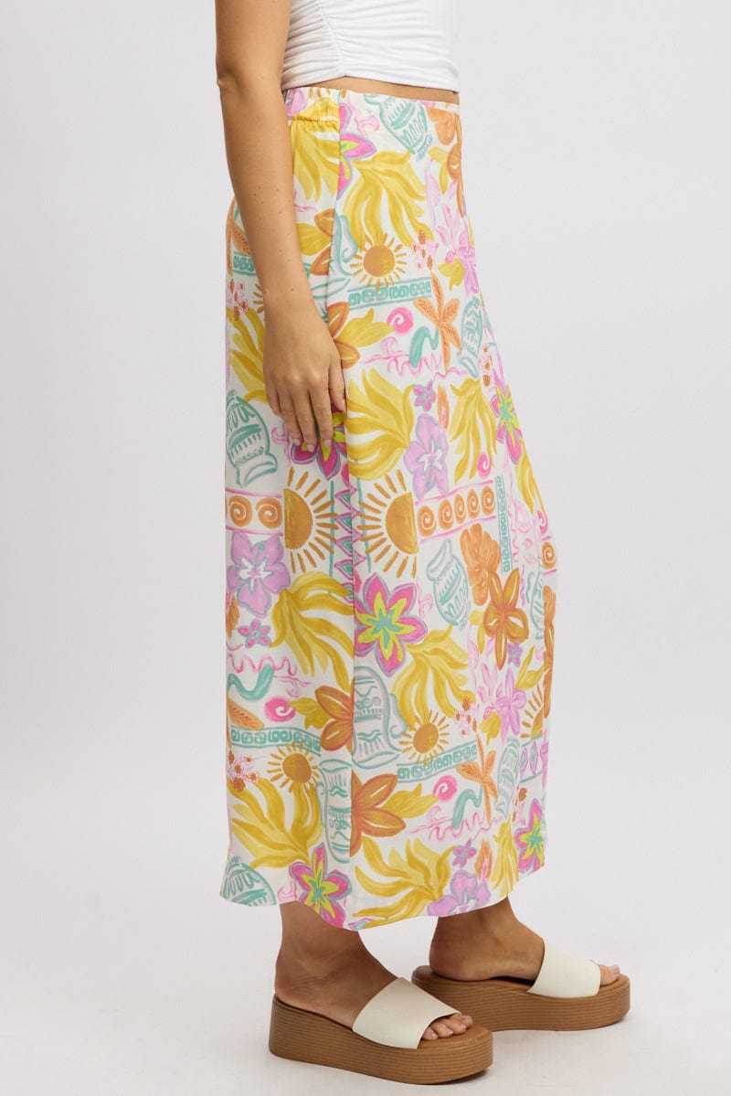 White Abstract Wrap Skirt High Waisted Midaxi