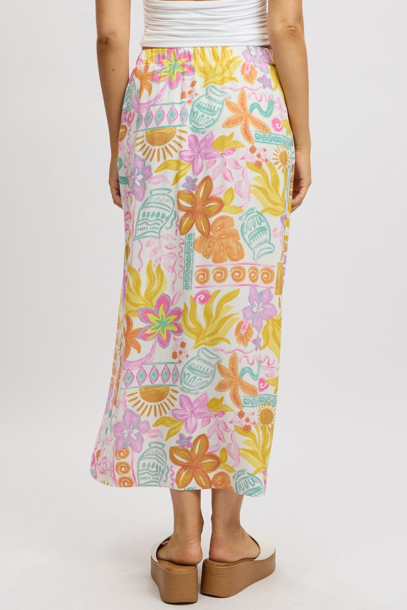 White Abstract Wrap Skirt High Waisted Midaxi