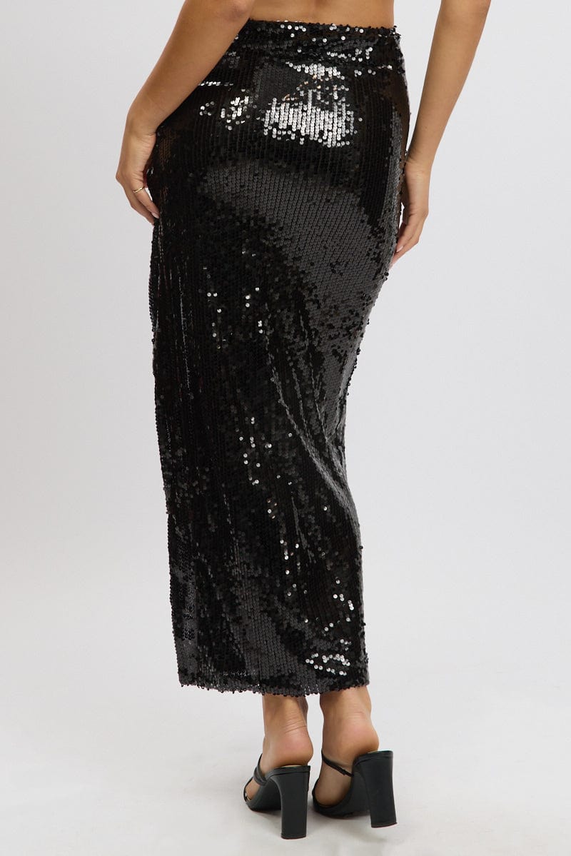 Black Sequins Skirt High Rise Split Maxi