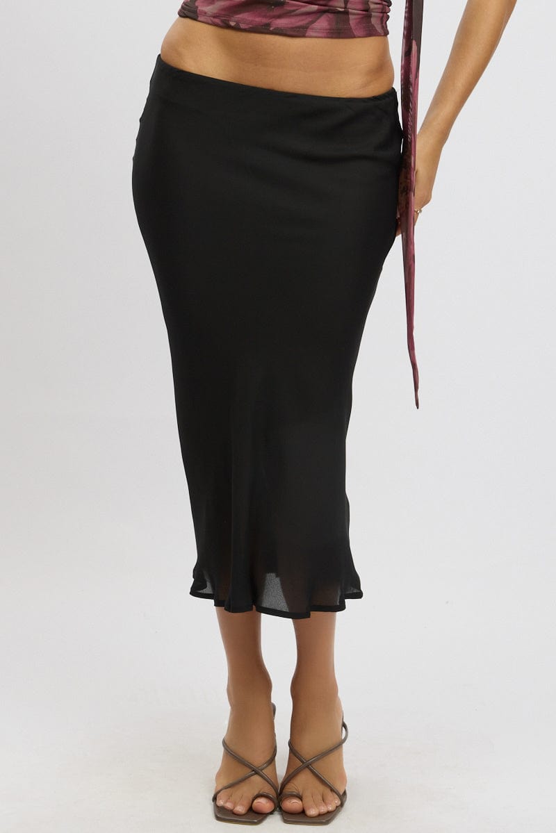 Black Slip Skirt High Rise Midi Picot Trim