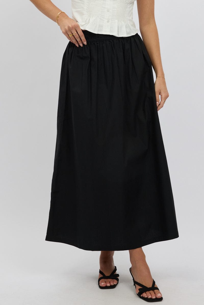Black Maxi Skirt Shirred Waist Relaxed Fit