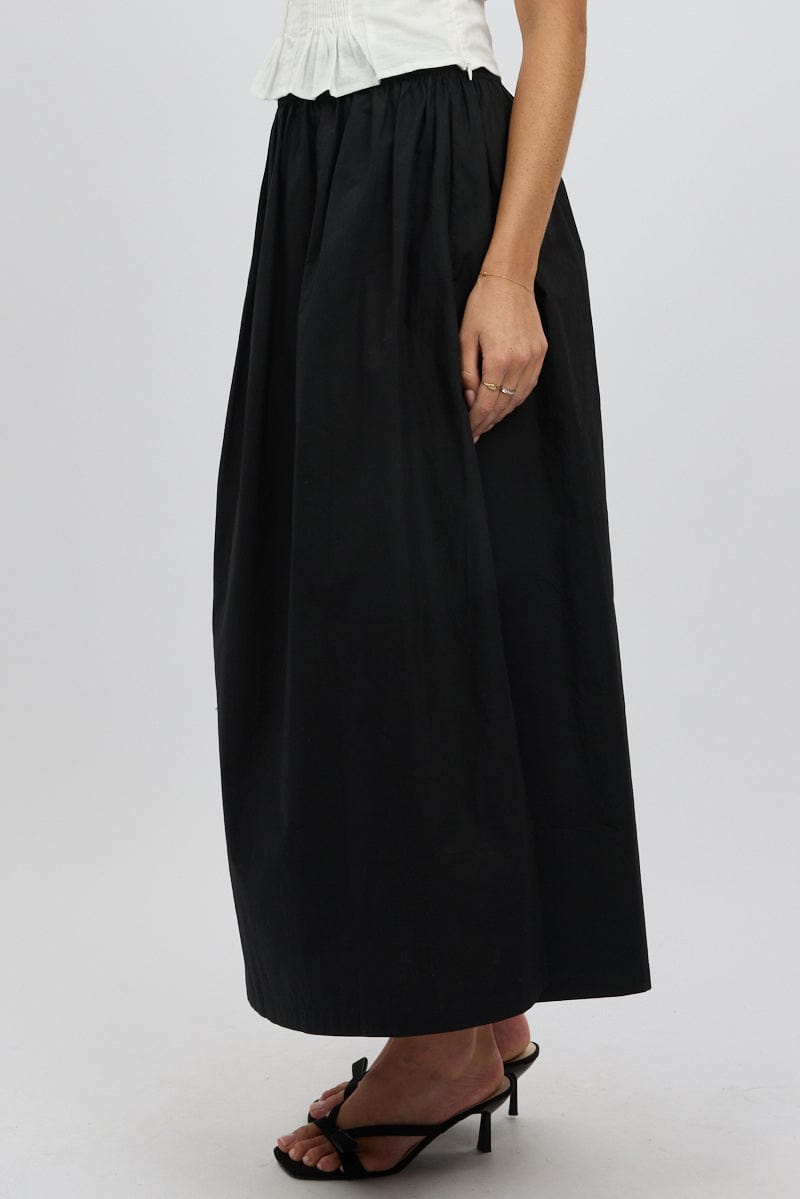 Black Maxi Skirt Shirred Waist Relaxed Fit