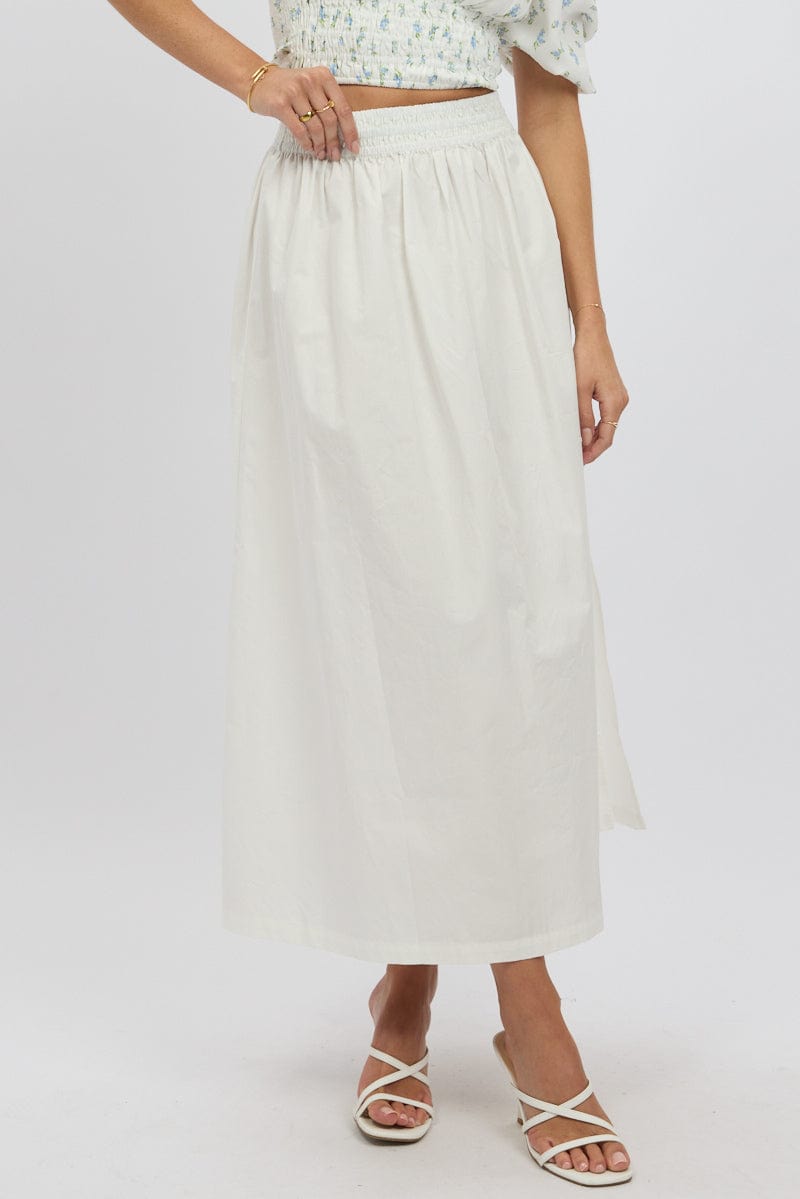 White Maxi Skirt Shirred Waist Relaxed Fit