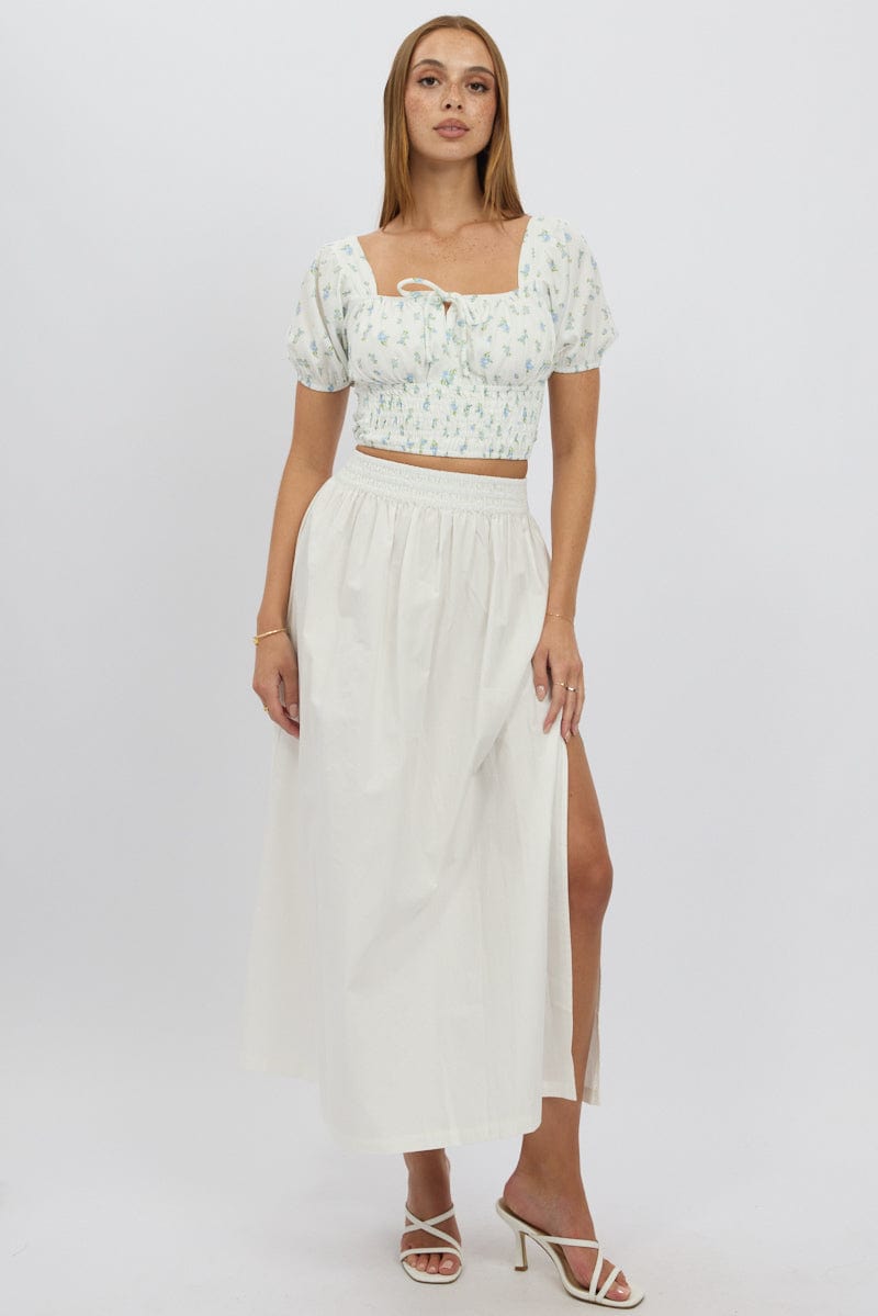 White Maxi Skirt Shirred Waist Relaxed Fit