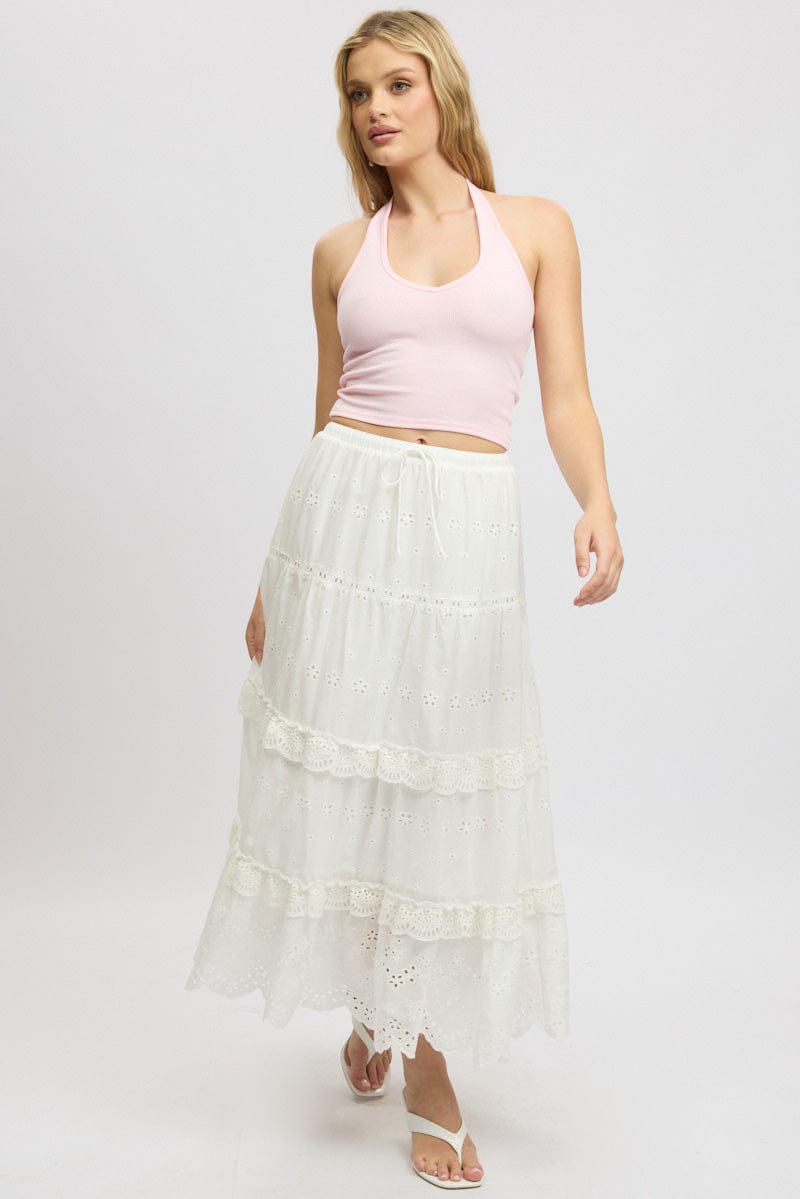 White Maxi Skirt High Waisted Tiered Broidery Eyelet