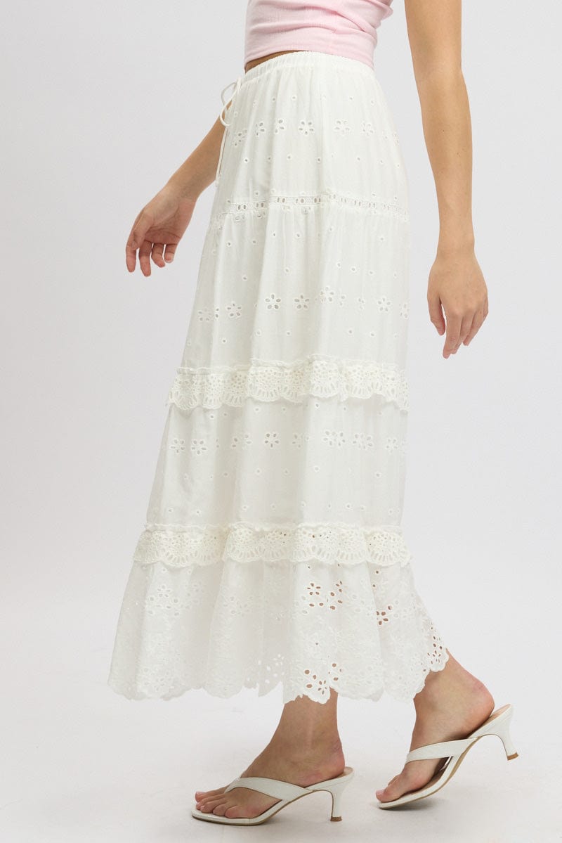 White Maxi Skirt High Waisted Tiered Broidery Eyelet