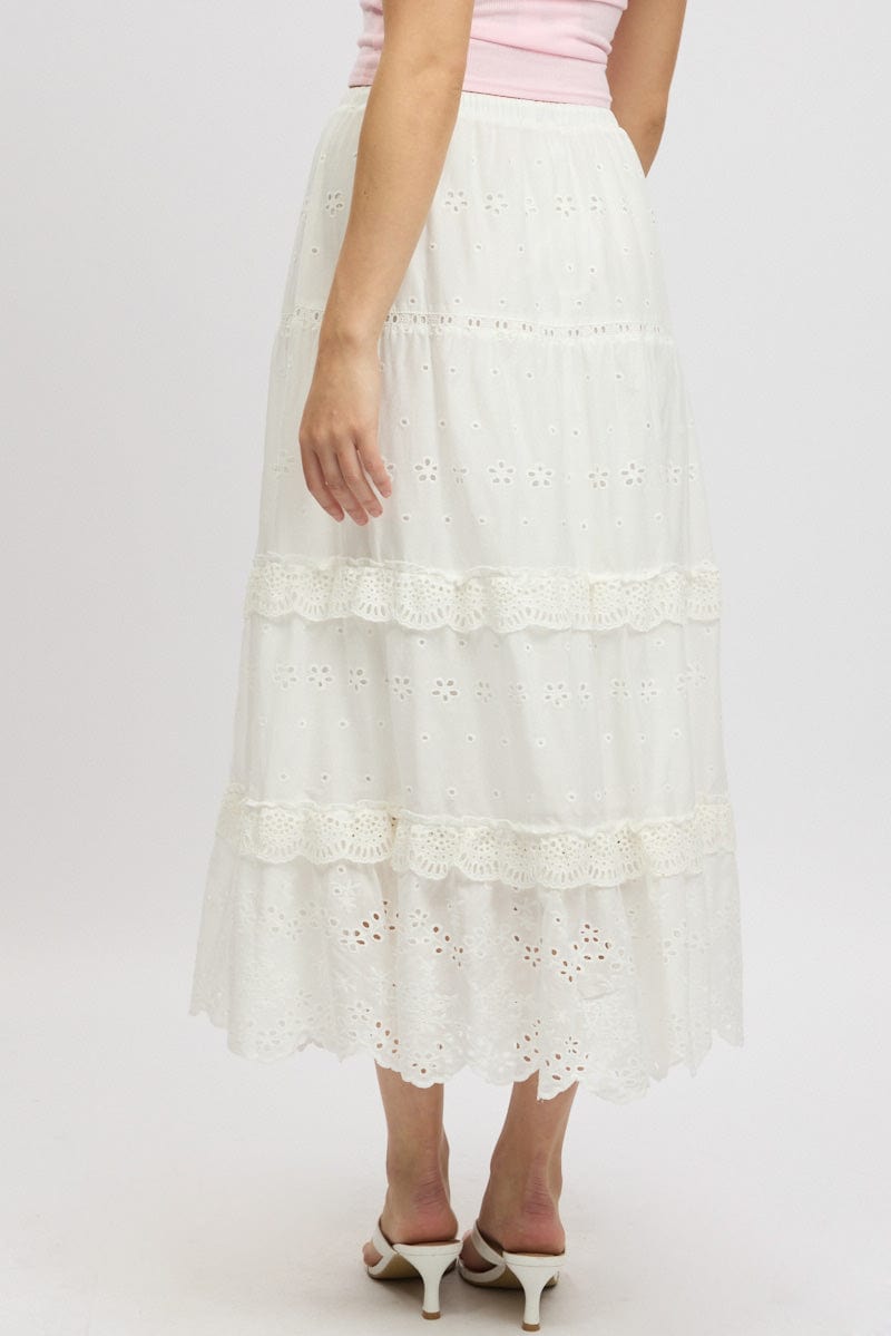 White Maxi Skirt High Waisted Tiered Broidery Eyelet