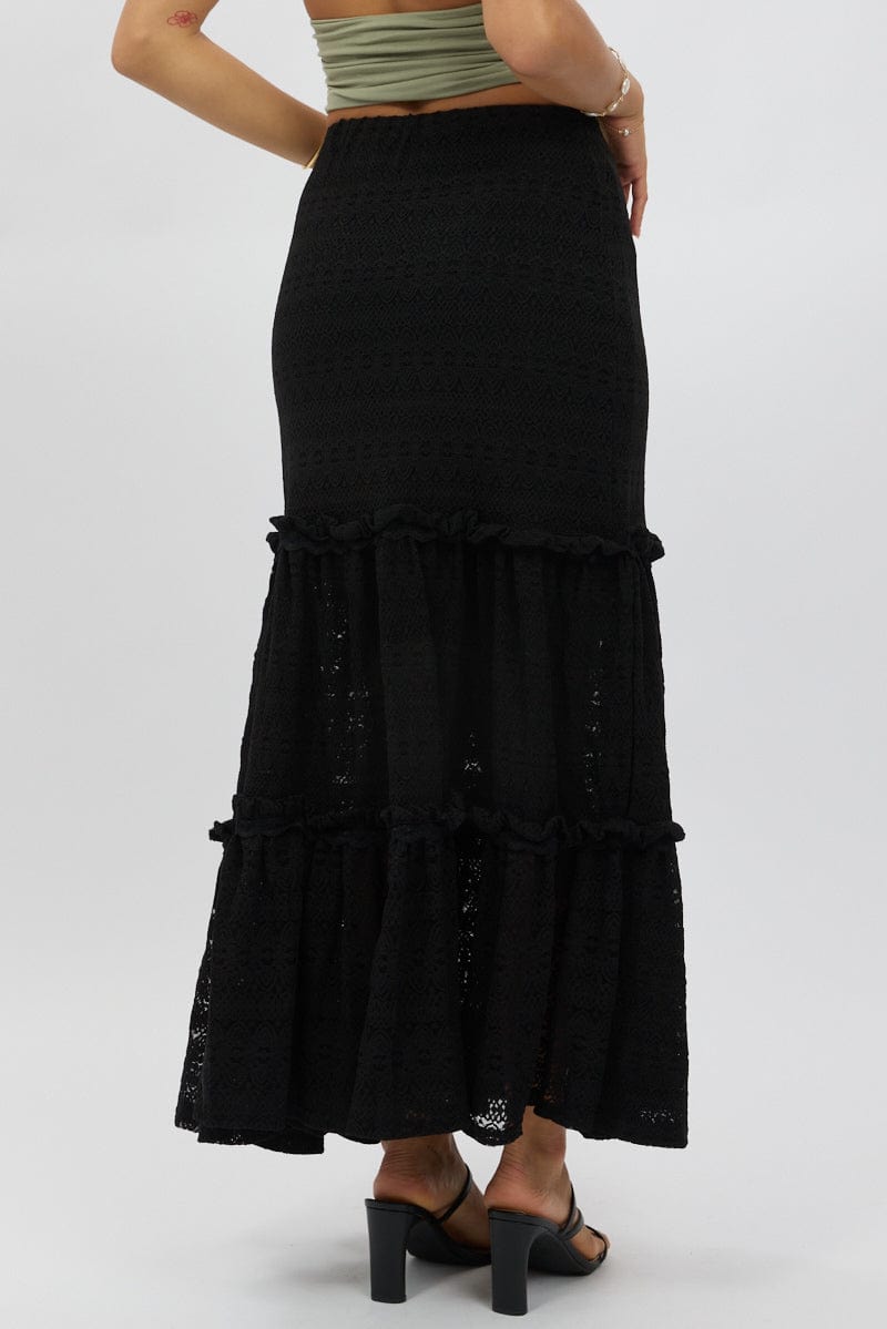 Black Lace Maxi Skirt Elastic Waist Tiered Lined