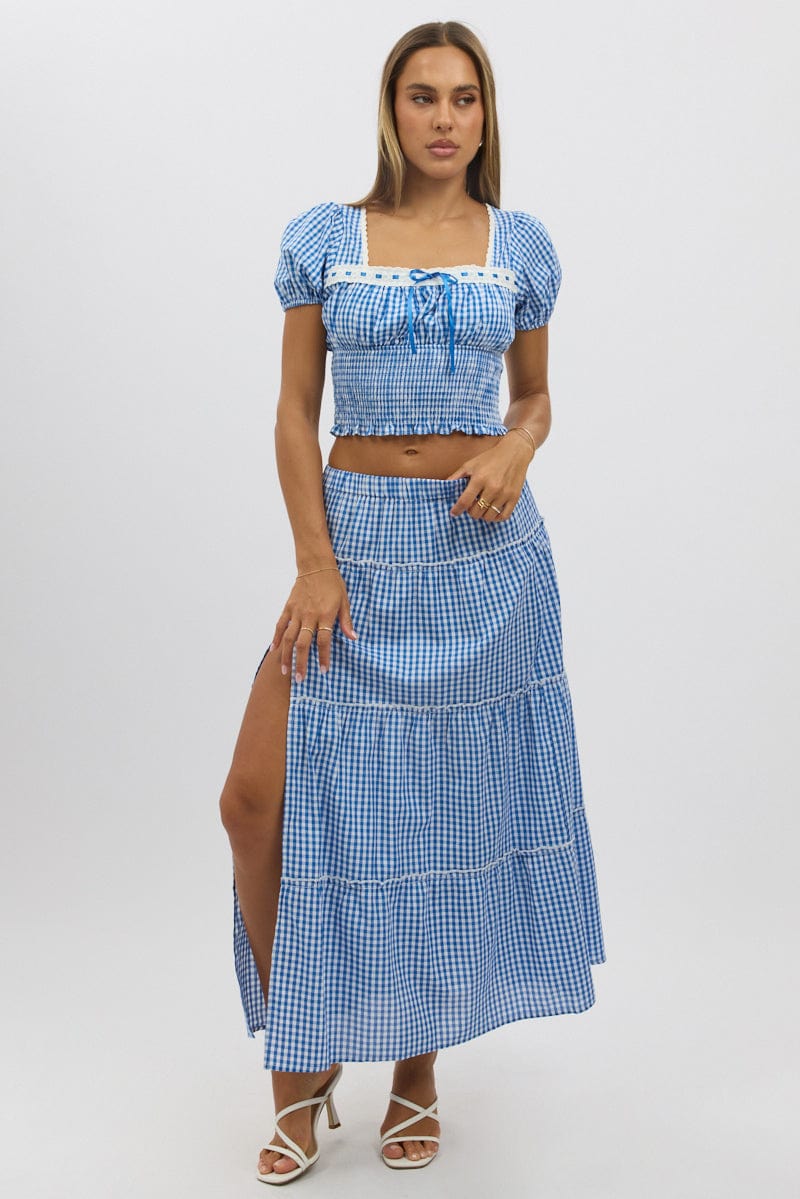 Blue Check Tiered Maxi Skirt Elastic Waist Slit