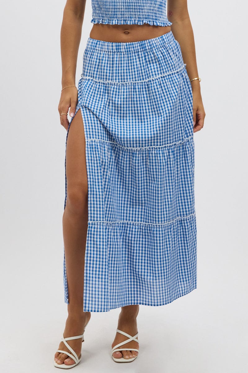 Blue Check Tiered Maxi Skirt Elastic Waist Slit
