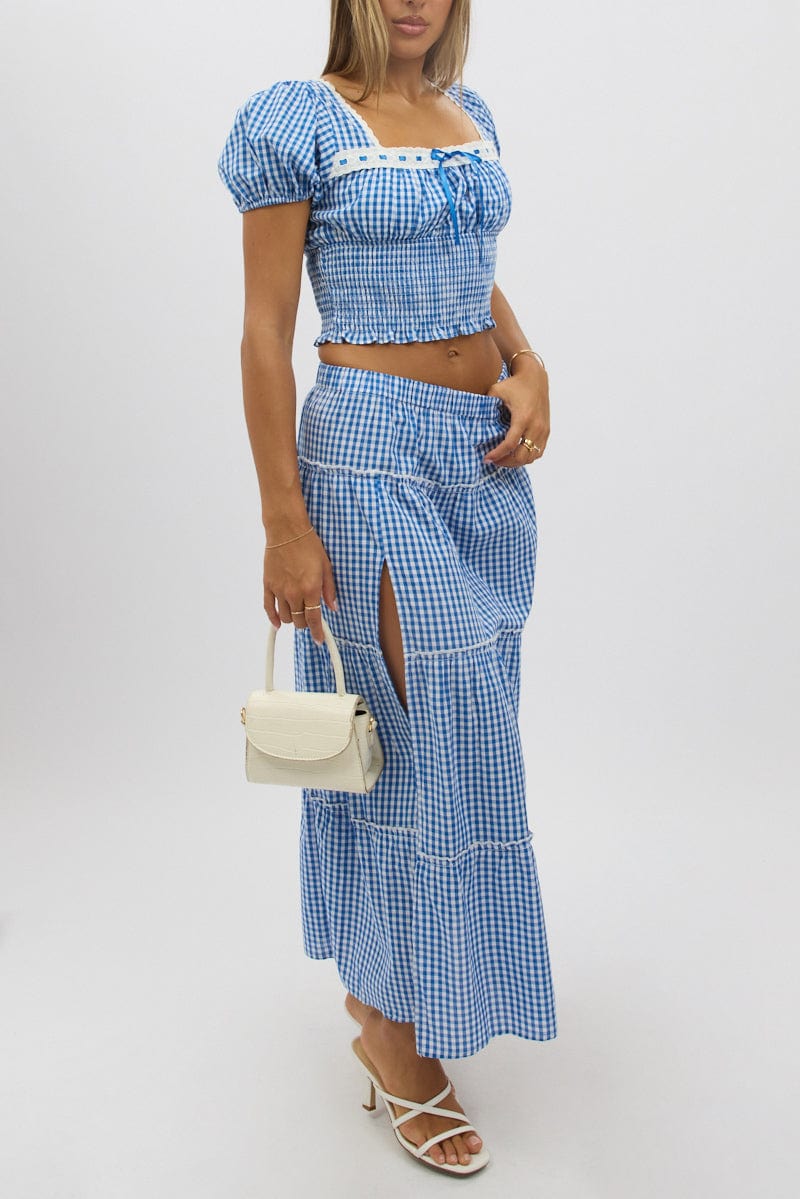 Blue Check Tiered Maxi Skirt Elastic Waist Slit