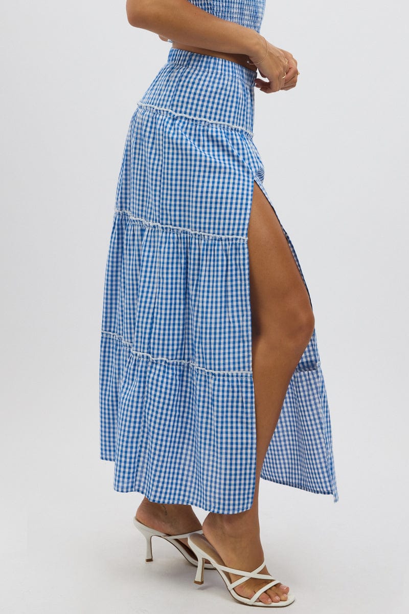 Blue Check Tiered Maxi Skirt Elastic Waist Slit