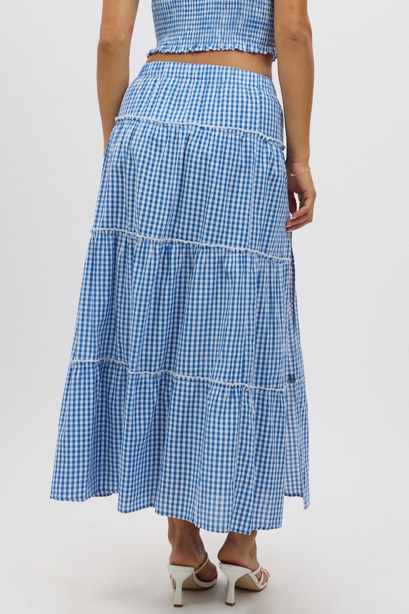 Blue Check Tiered Maxi Skirt Elastic Waist Slit