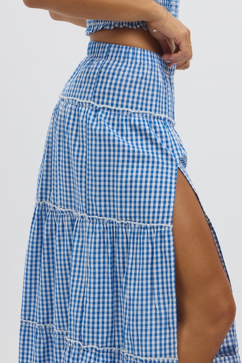 Blue Check Tiered Maxi Skirt Elastic Waist Slit