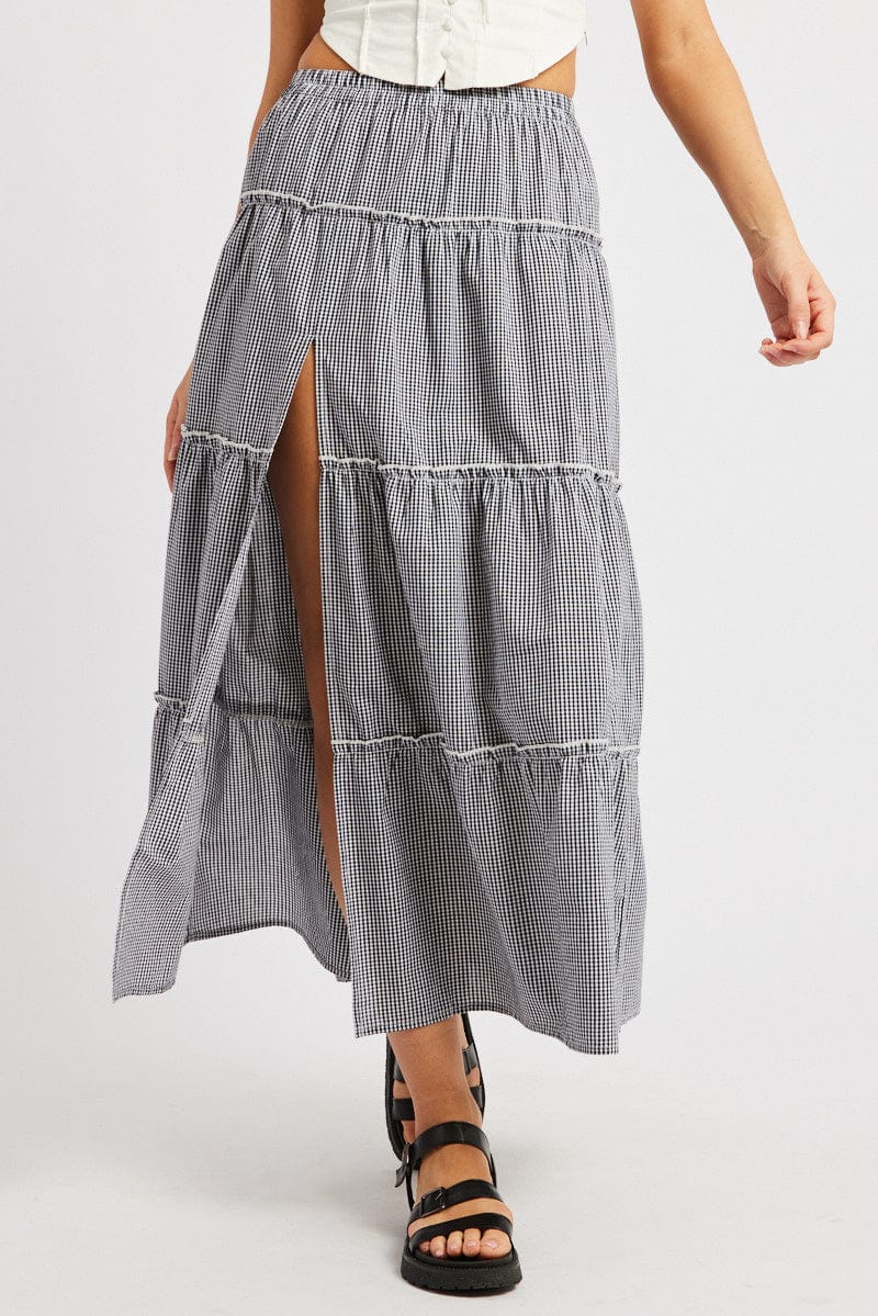 Black Check Tiered Maxi Slit Skirt