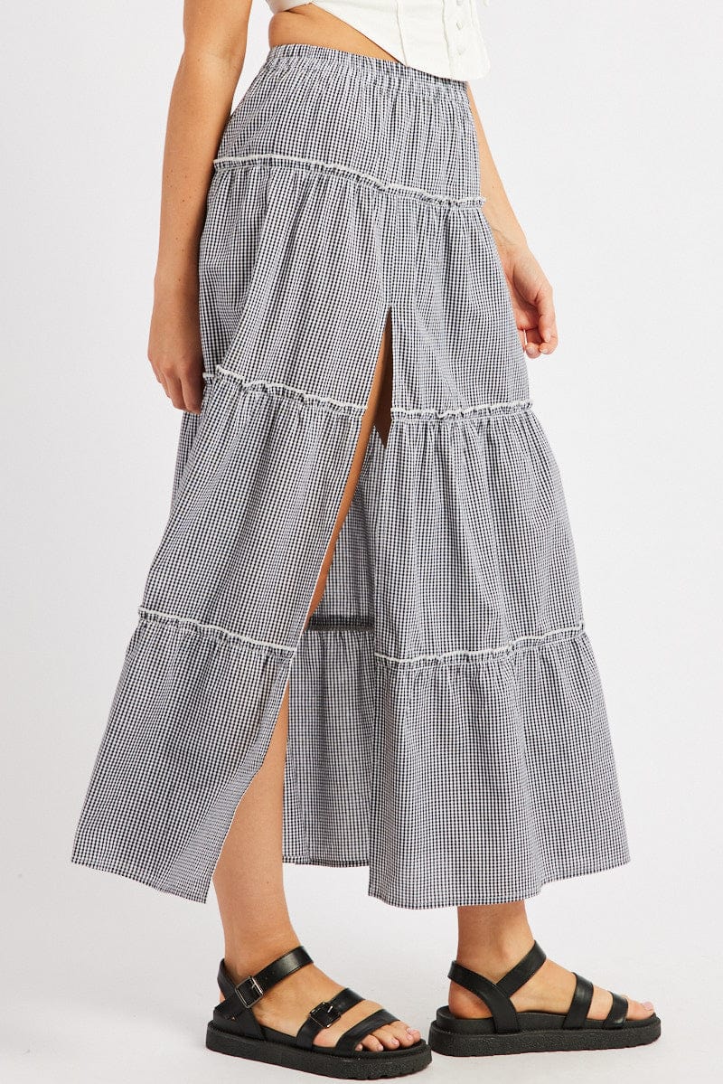 Black Check Tiered Maxi Slit Skirt