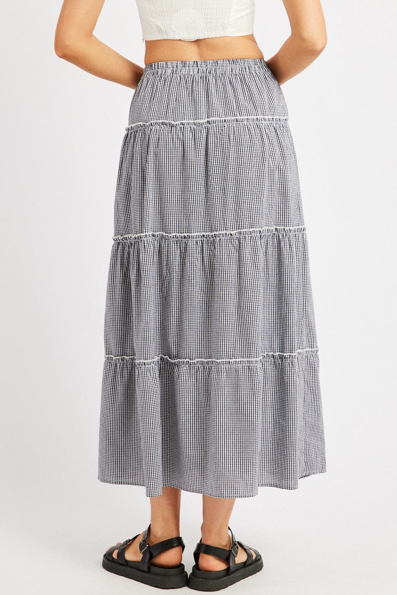 Black Check Tiered Maxi Slit Skirt